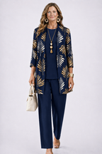 Women 3 piece cardigan top printed trousers set in relaxed fit