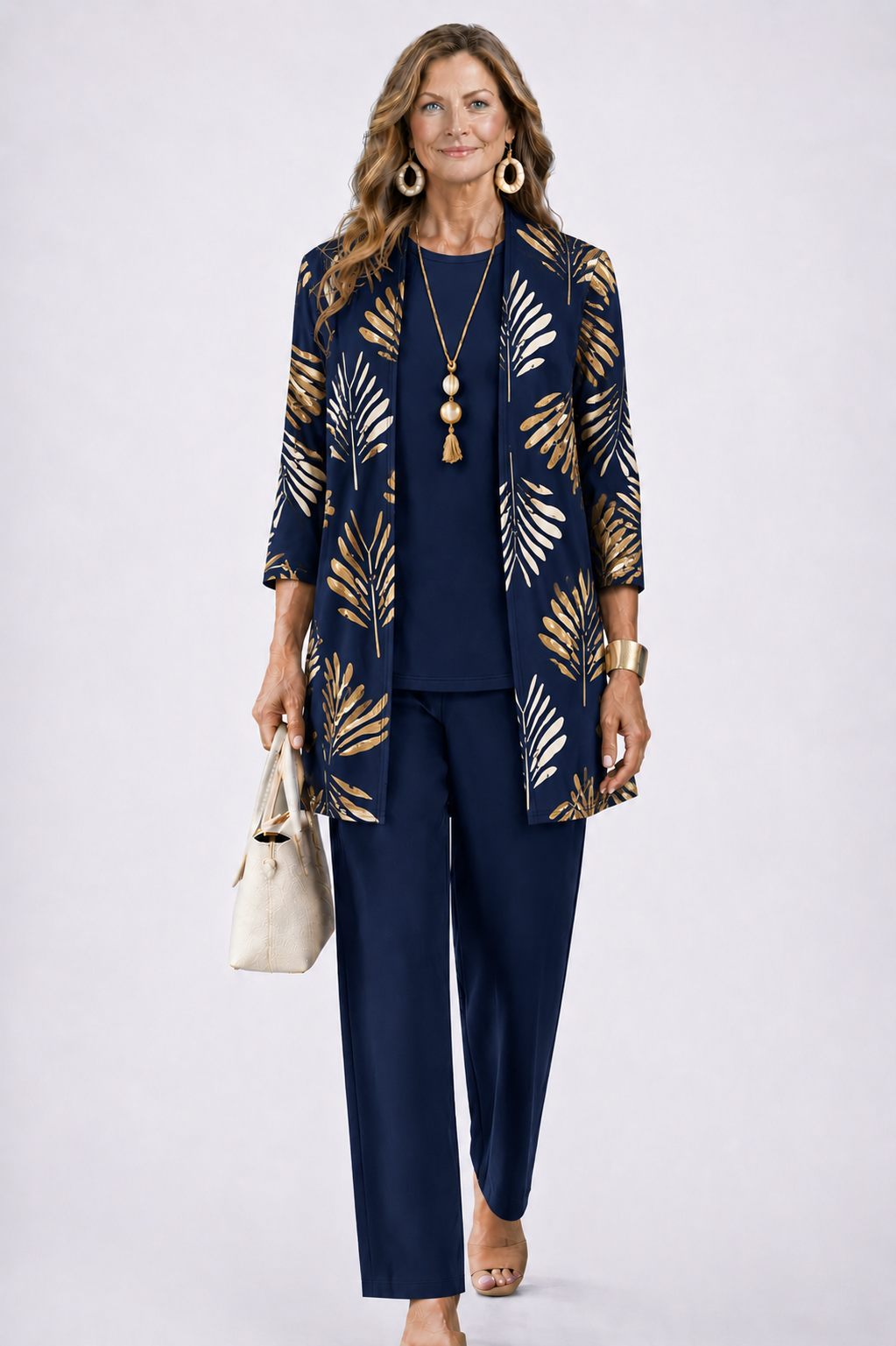 Women 3 piece cardigan top printed trousers set in relaxed fit