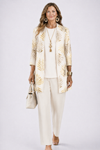 Women's 3-piece set with open-front cardigan, round-neck top and printed trousers, relaxed fit