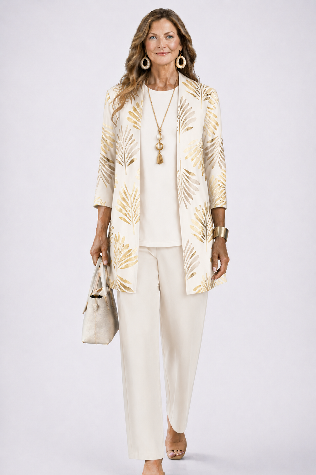 Women's 3-piece set with open-front cardigan, round-neck top and printed trousers, relaxed fit