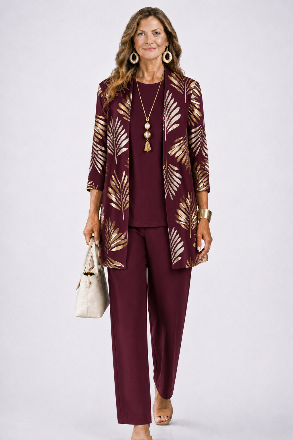 Women's 3-piece set with open-front cardigan, round-neck top and printed trousers, relaxed fit
