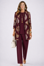 Women 3 piece cardigan top printed trousers set in relaxed fit
