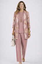 Women's 3-piece set with open-front cardigan, round-neck top and printed trousers, relaxed fit