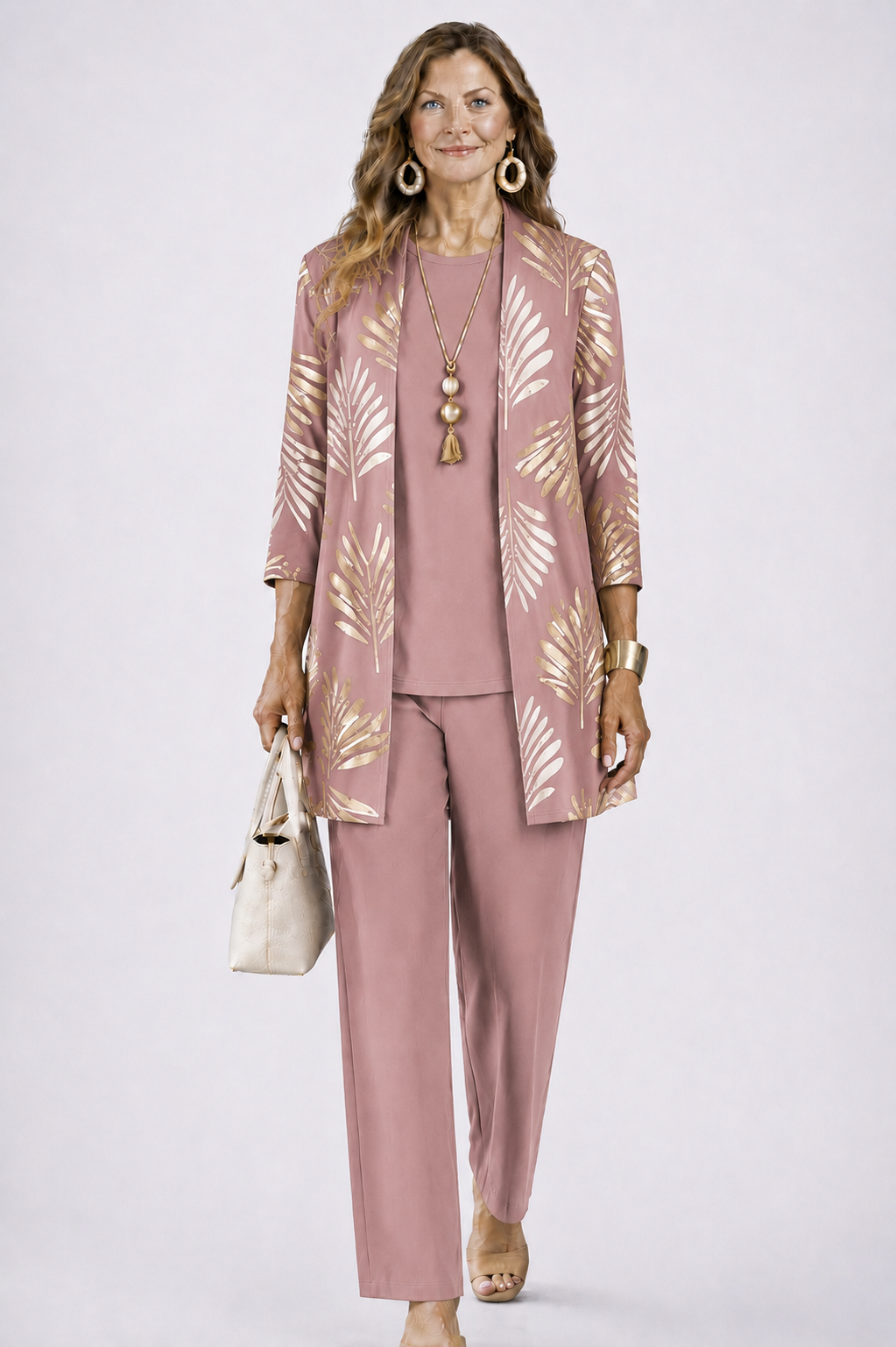 Women's 3-piece set with open-front cardigan, round-neck top and printed trousers, relaxed fit