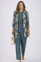 Women's 3-piece set with open-front cardigan, round-neck top and printed trousers, relaxed fit