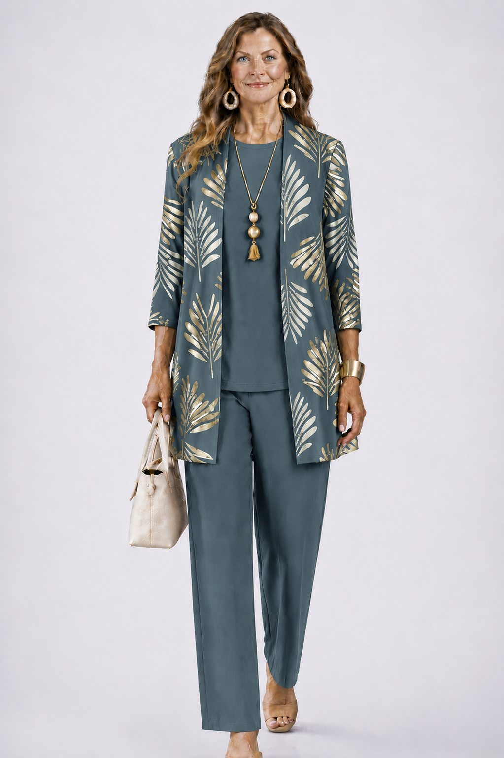 Women's 3-piece set with open-front cardigan, round-neck top and printed trousers, relaxed fit