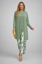 Women's 3-piece set with open-front cardigan, round-neck top and printed trousers, relaxed fit
