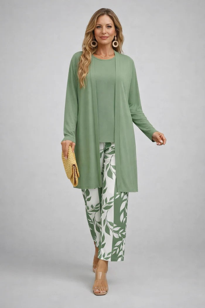 Women's 3-piece set with open-front cardigan, round-neck top and printed trousers, relaxed fit