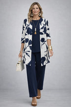 Women's 3-piece set with open-front cardigan, round-neck top and printed trousers, relaxed fit