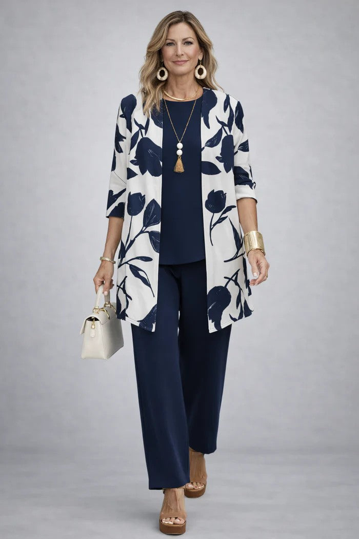 Women 3 piece cardigan top printed trousers set in relaxed fit