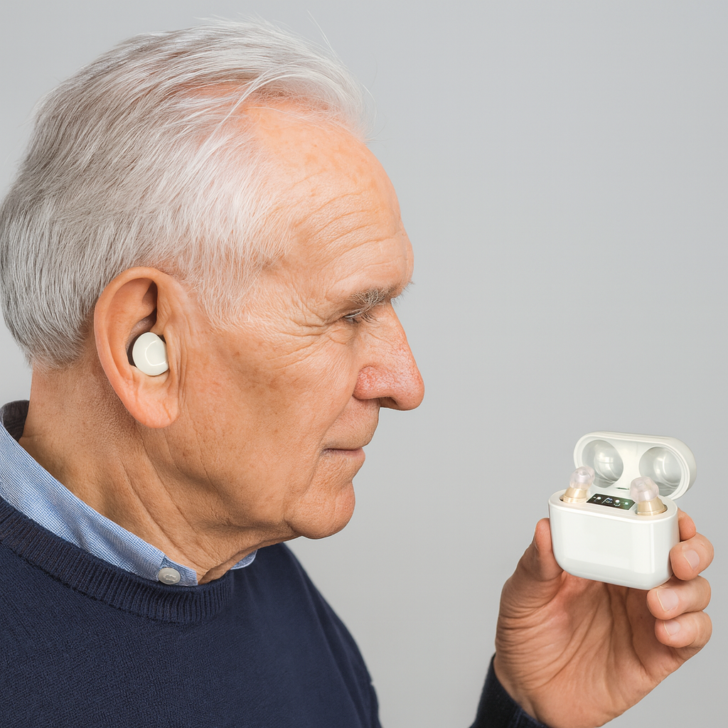 Invisible rechargeable in-ear hearing aid discreet white compact design