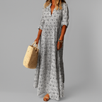 Women's vintage print cotton maxi dress with V-neck and 3/4 sleeves, loose summer fit