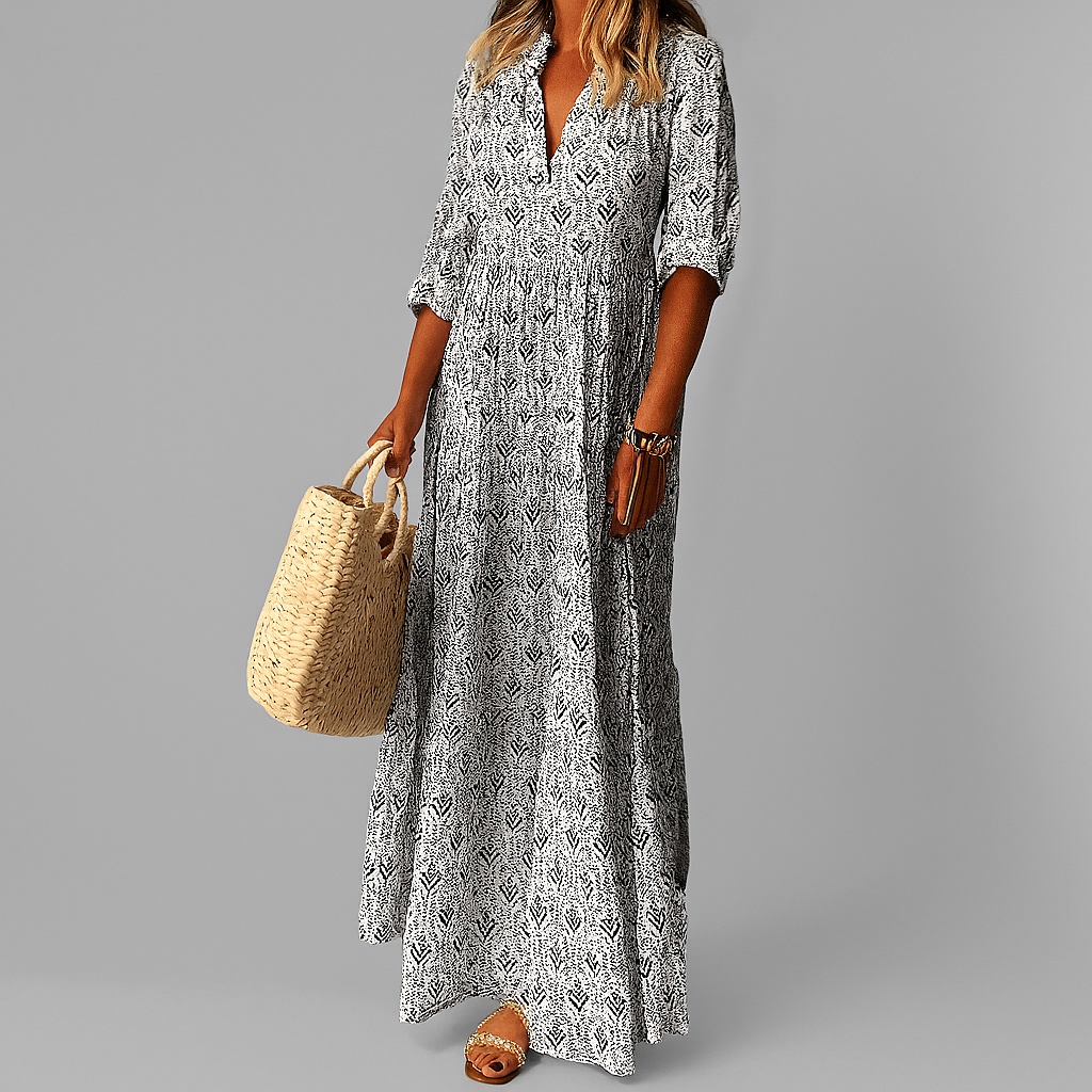 Women's vintage print cotton maxi dress with V-neck and 3/4 sleeves, loose summer fit