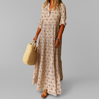Women's vintage print cotton maxi dress with V-neck and 3/4 sleeves, loose summer fit