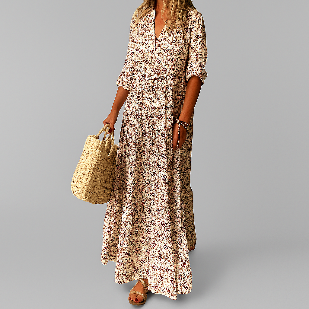 Women's vintage print cotton maxi dress with V-neck and 3/4 sleeves, loose summer fit