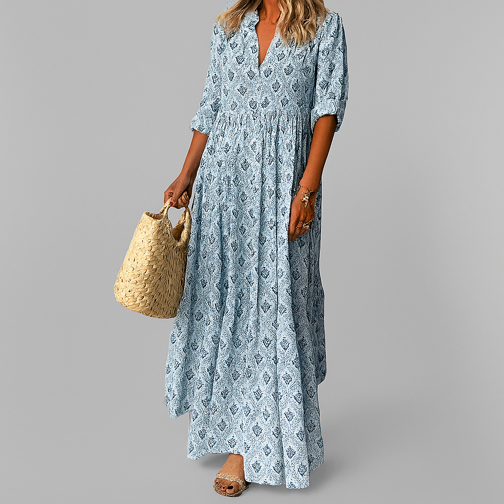 Women's vintage print cotton maxi dress with V-neck and 3/4 sleeves, loose summer fit