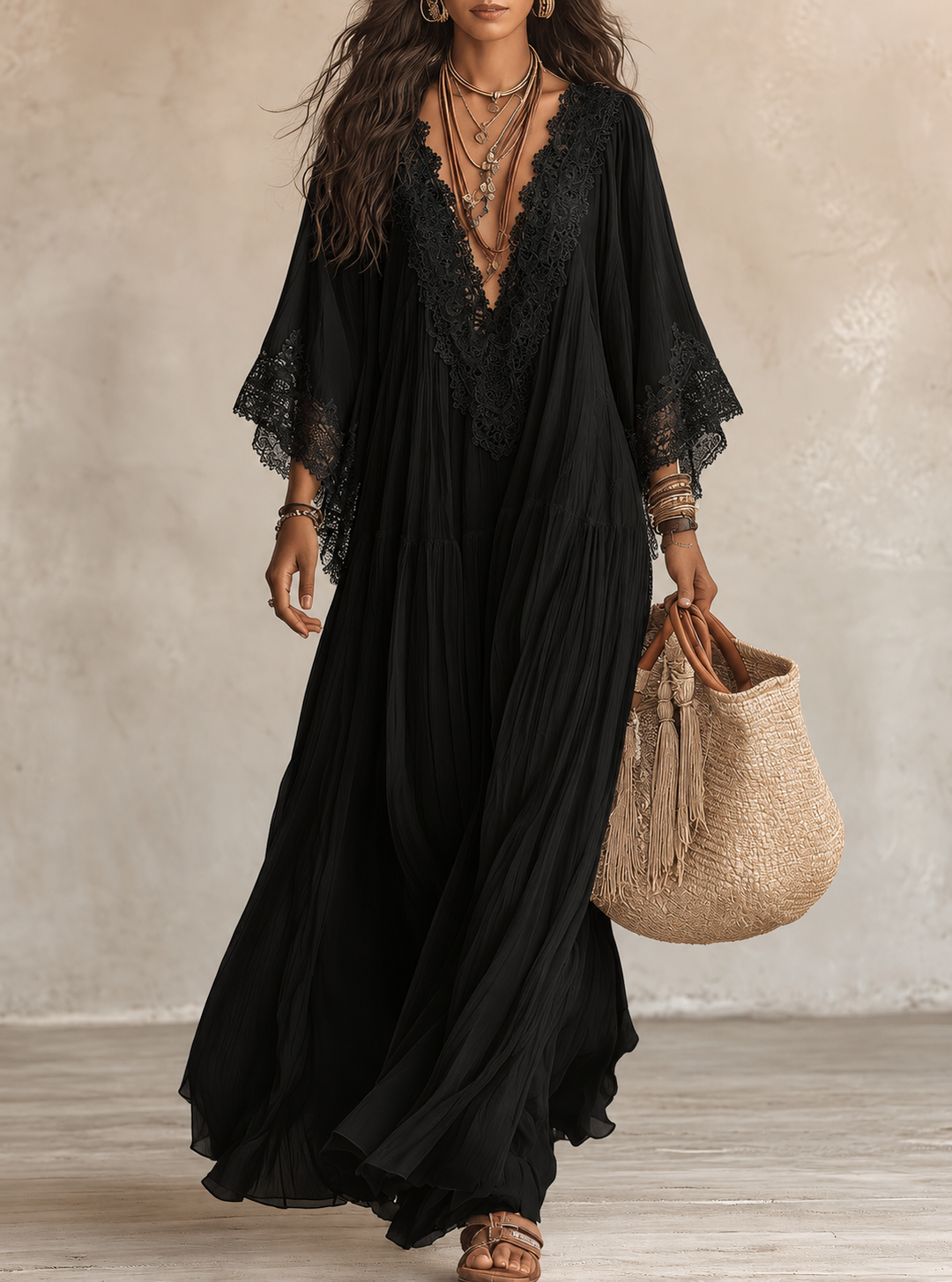Women chiffon lace maxi dress bohemian V-neck tiered flowy ivory