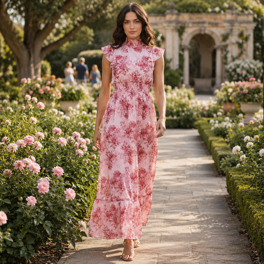 Chiffon Maxi Dress with Smocked Waist and Flutter Sleeves