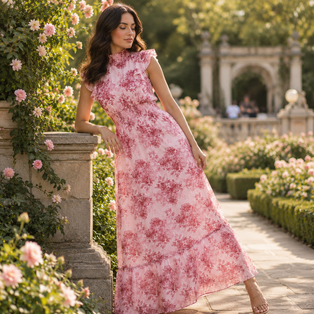 Chiffon Maxi Dress with Smocked Waist and Flutter Sleeves