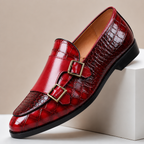 Men's leather loafers with double monk strap buckles and almond toe, crocodile-embossed finish