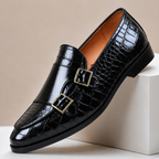 Men's leather loafers with double monk strap buckles and almond toe, crocodile-embossed finish