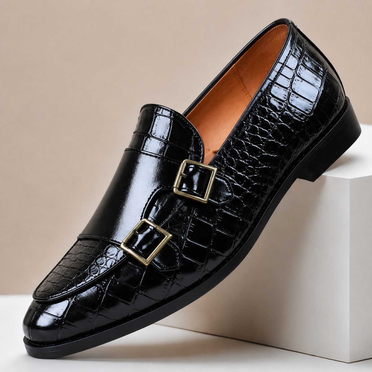 Men's leather loafers with double monk strap buckles and almond toe, crocodile-embossed finish