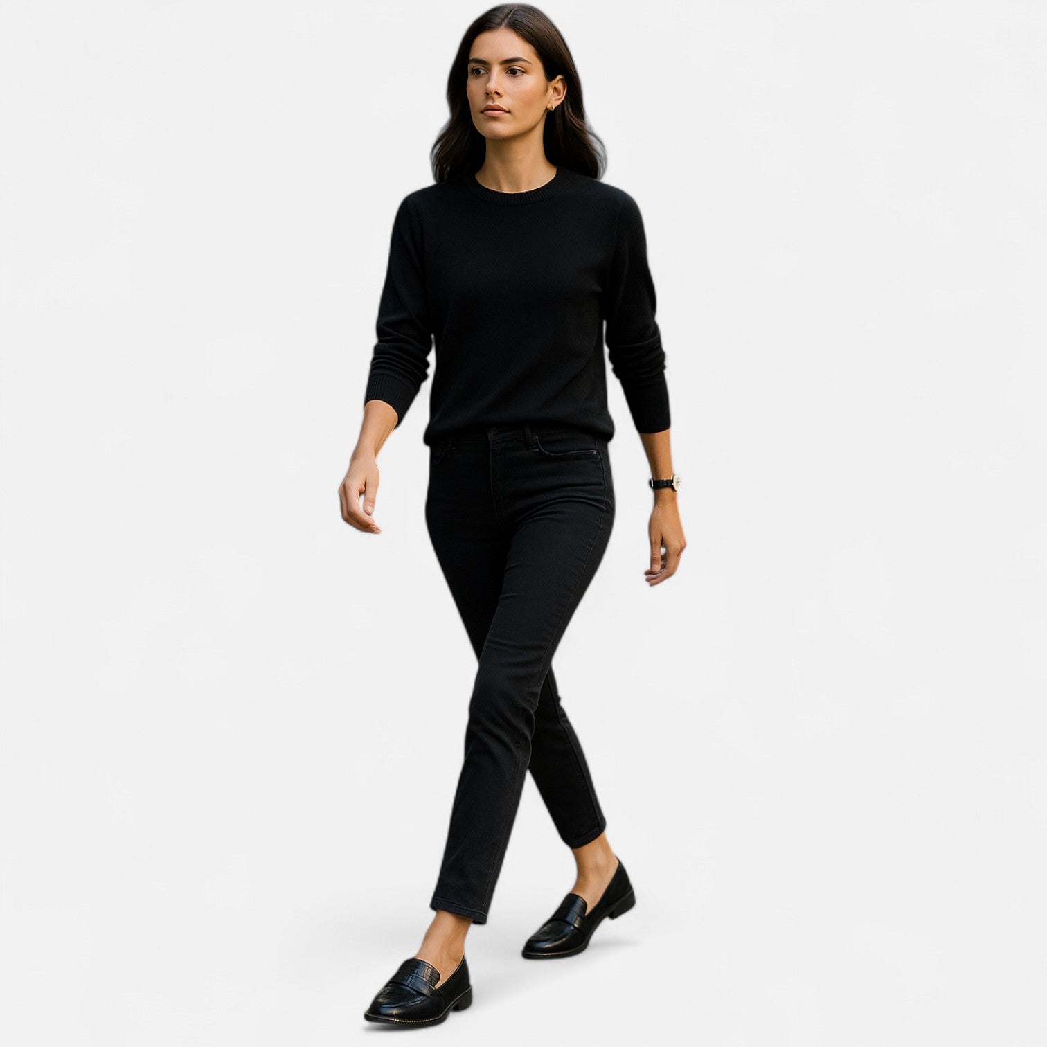 Women's black leather-style slip-on loafers, classic silhouette all-season