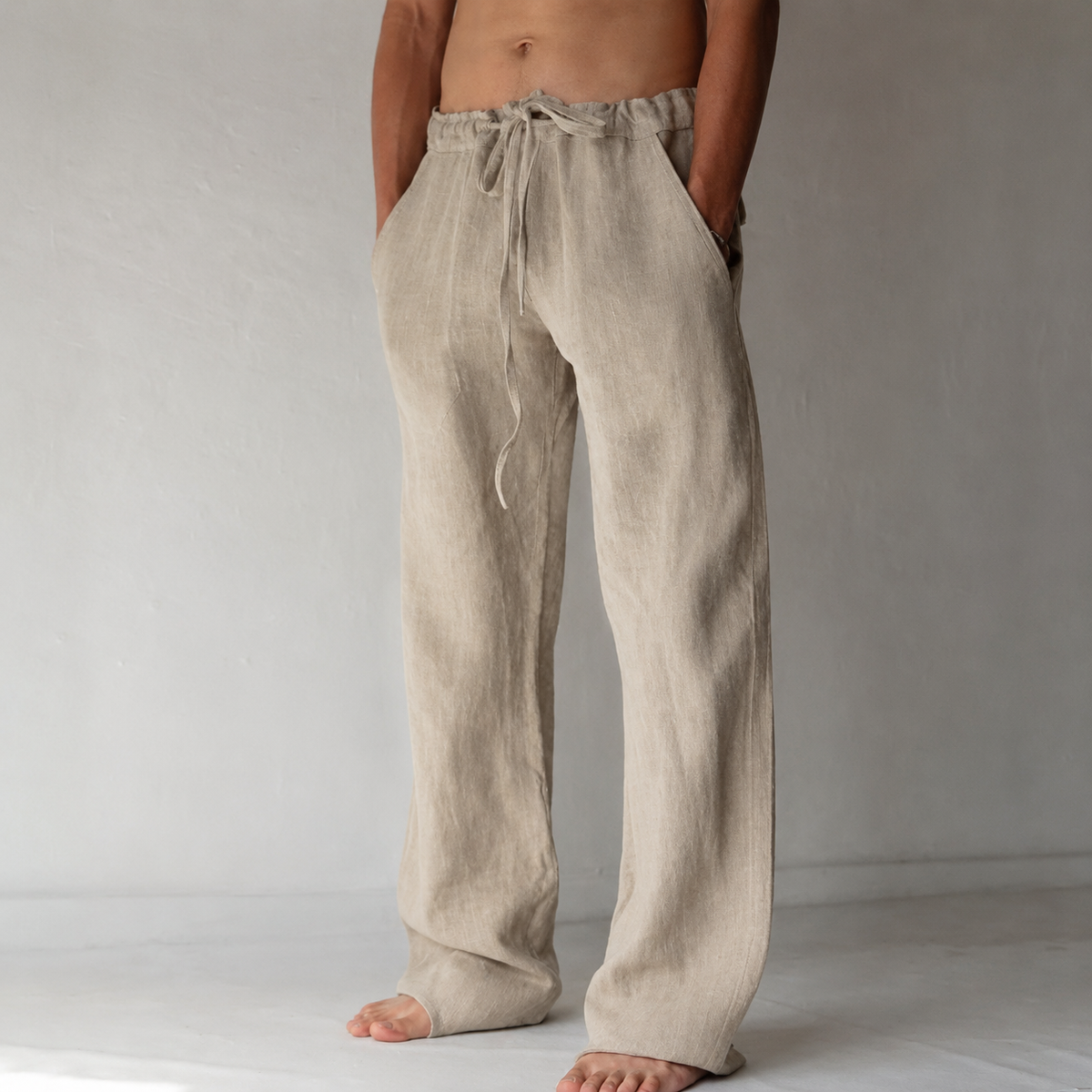 Men's linen trousers wide-leg with drawstring waist, relaxed fit summer pants