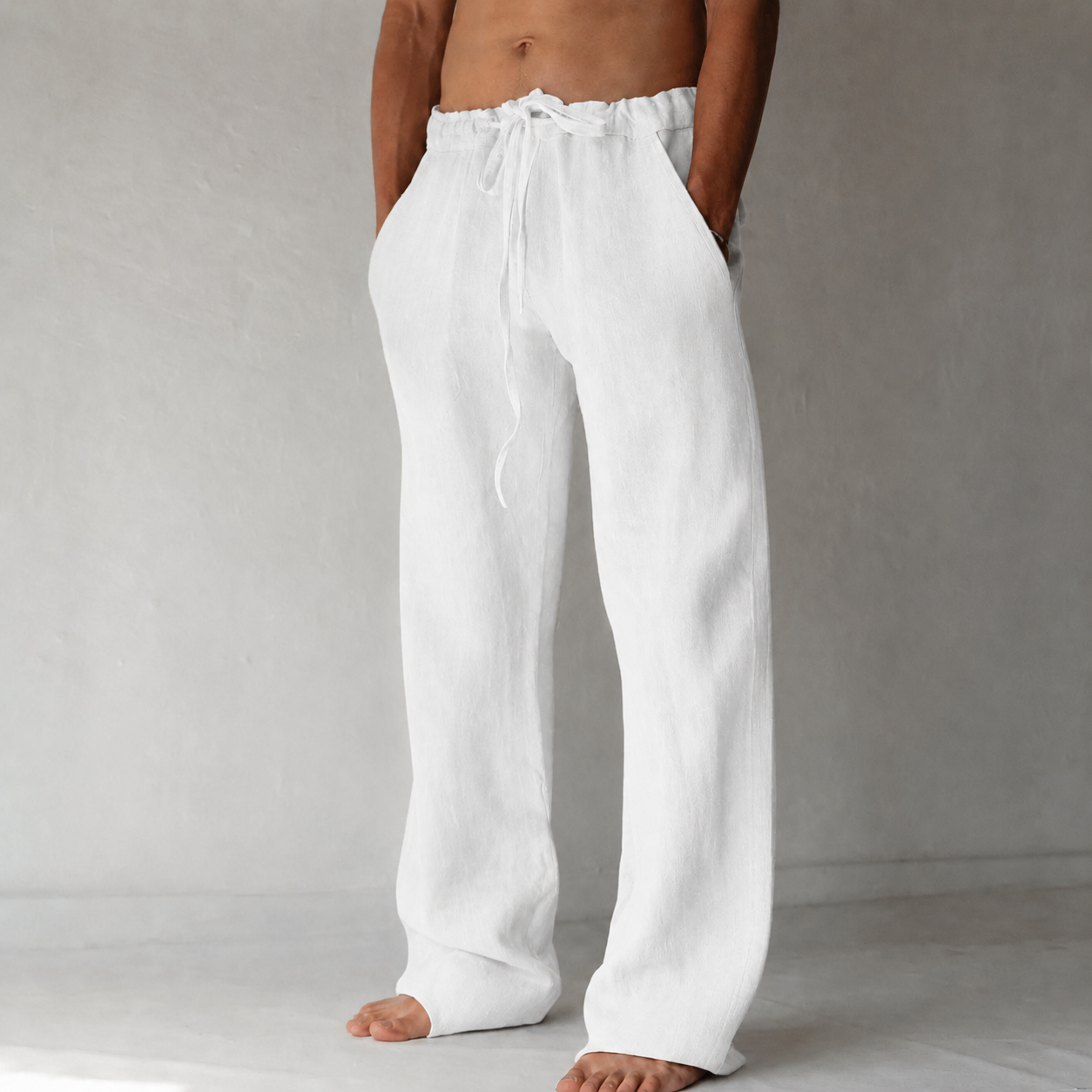 Men's linen trousers wide-leg with drawstring waist, relaxed fit summer pants