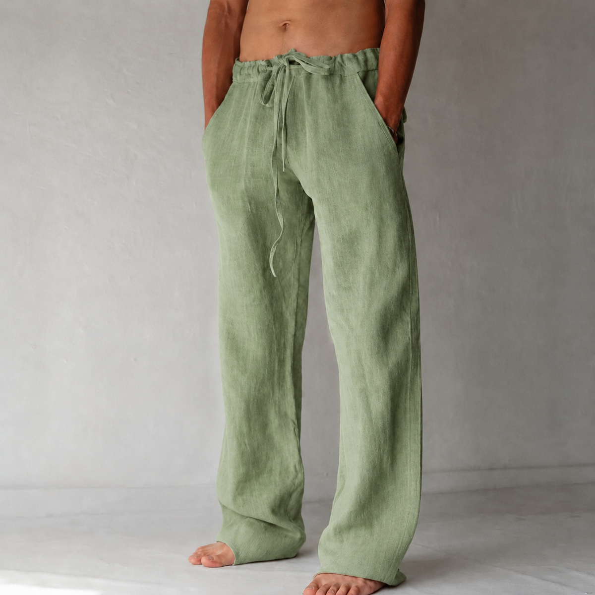 Men's linen trousers wide-leg with drawstring waist, relaxed fit summer pants
