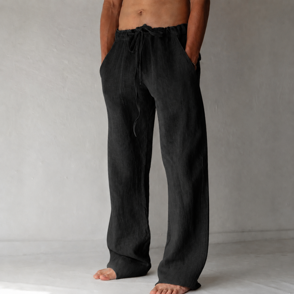 Men's linen trousers wide-leg with drawstring waist, relaxed fit summer pants