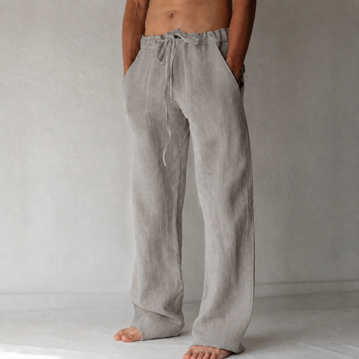 Men's linen trousers wide-leg with drawstring waist, relaxed fit summer pants