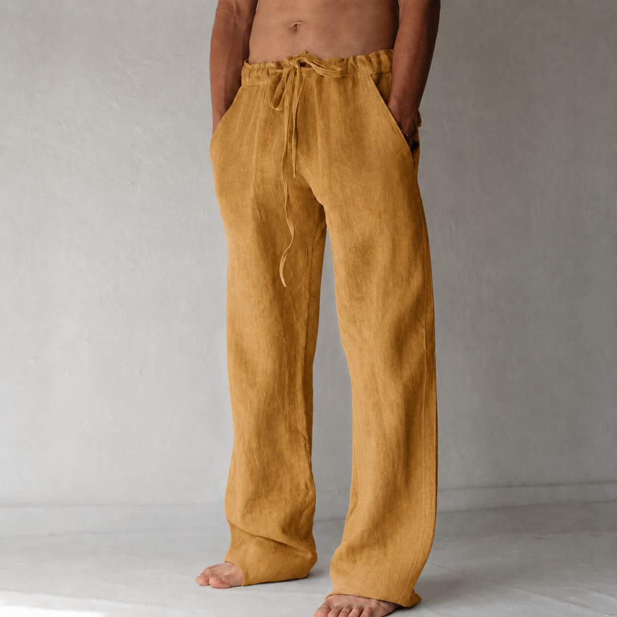 Men's linen trousers wide-leg with drawstring waist, relaxed fit summer pants