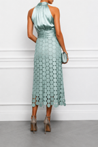Halter midi dress with satin bodice and circular appliqué skirt, occasion wear