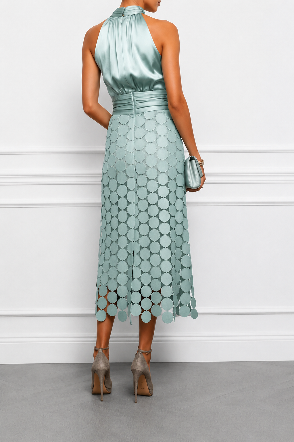 Halter midi dress with satin bodice and circular appliqué skirt, occasion wear