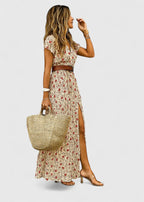 Women's boho maxi dress with V-neckline, casual flowy long summer dress