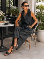 Women wide leg jumpsuit button down collar with pockets in black khaki olive