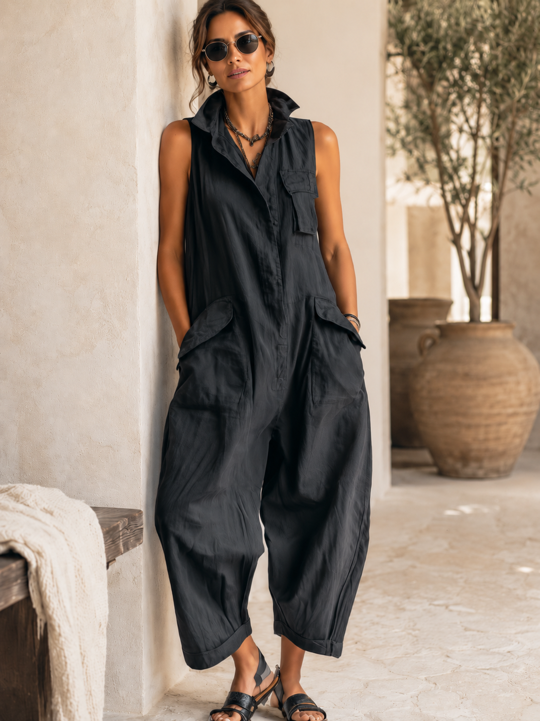 Women wide leg jumpsuit button down collar with pockets in black khaki olive