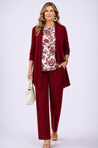 Women's 3-piece set with open-front cardigan, round-neck top and printed trousers, relaxed fit