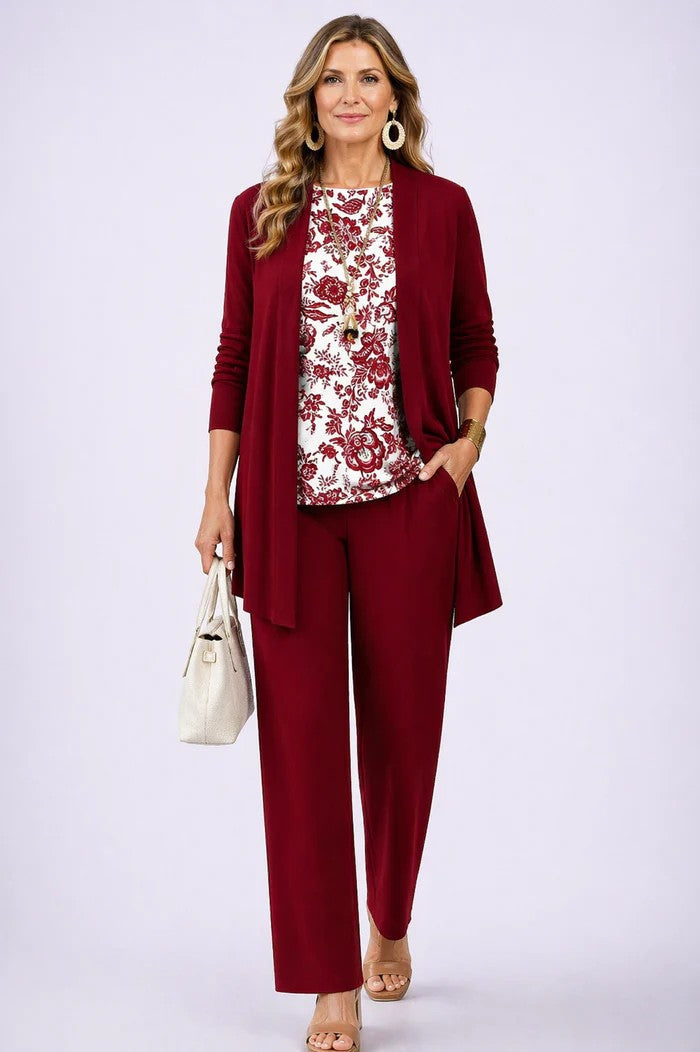 Women's 3-piece set with open-front cardigan, round-neck top and printed trousers, relaxed fit