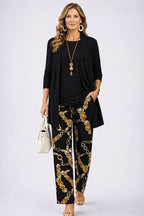 Women's 3-piece set with cardigan, top and printed trousers, relaxed fit spring summer outfit