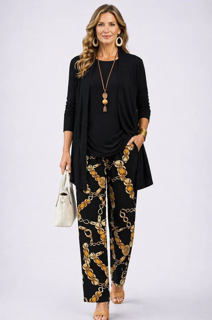 Women's 3-piece set with cardigan, top and printed trousers, relaxed fit spring summer outfit