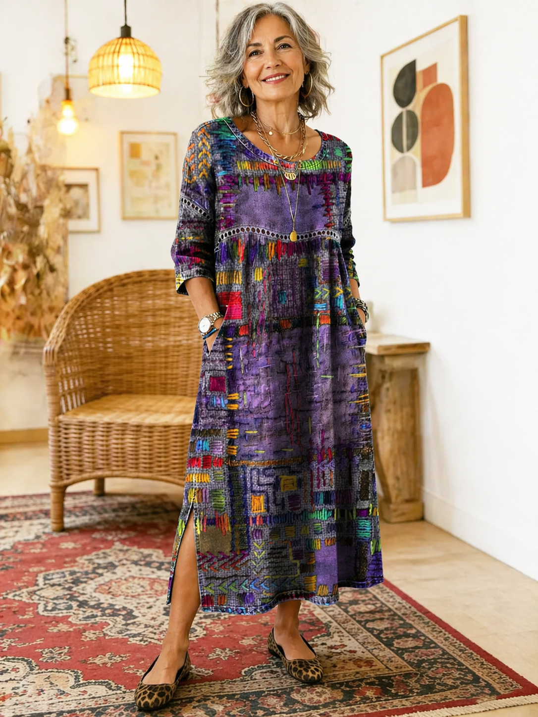 Women's denim dress with ethnic patchwork detail, loose fit boho summer style