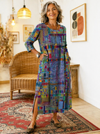 Women's denim dress with ethnic patchwork detail, loose fit boho summer style