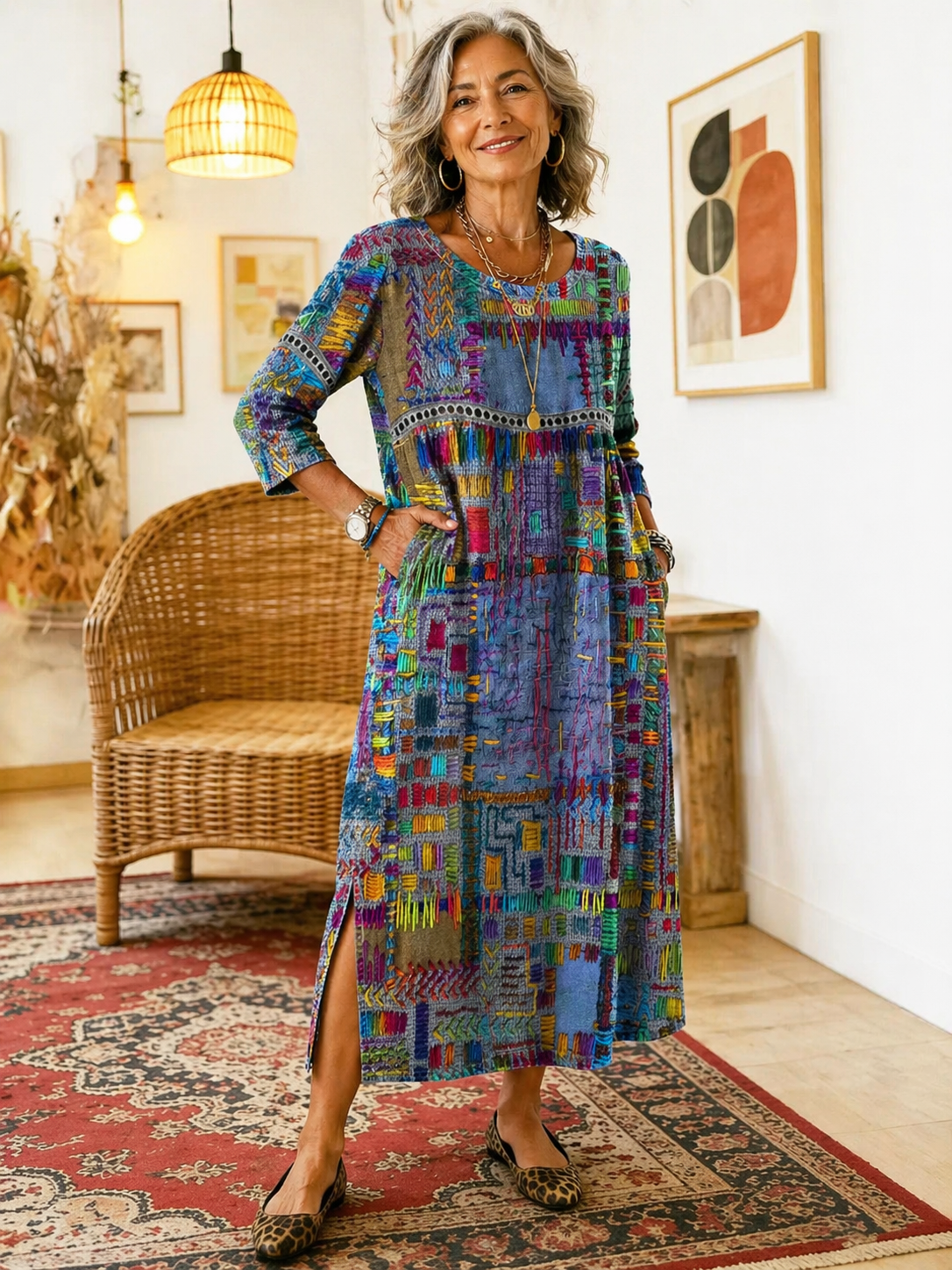 Women's denim dress with ethnic patchwork detail, loose fit boho summer style