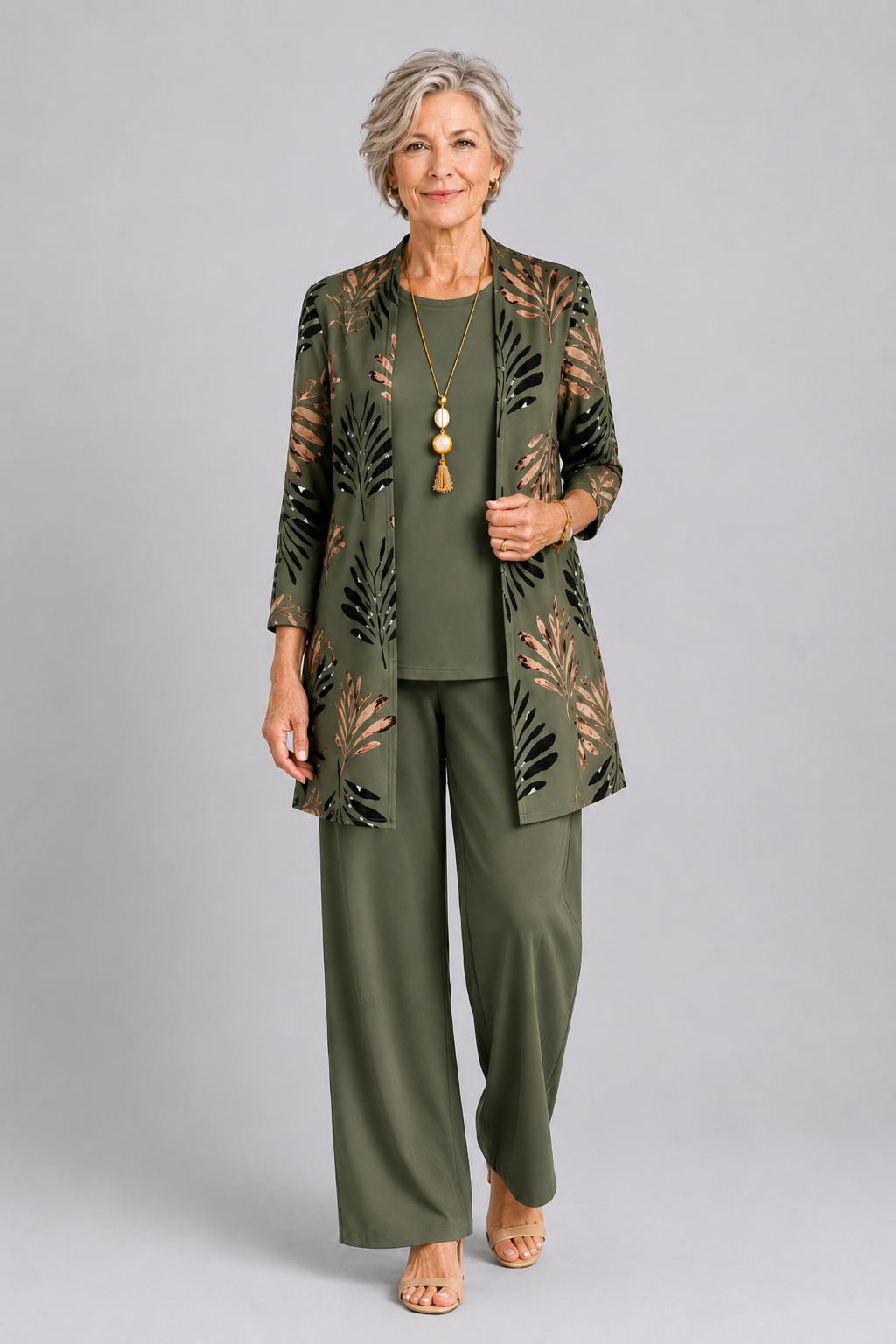 Women's 3-piece set with cardigan, top and printed trousers, relaxed fit spring summer outfit