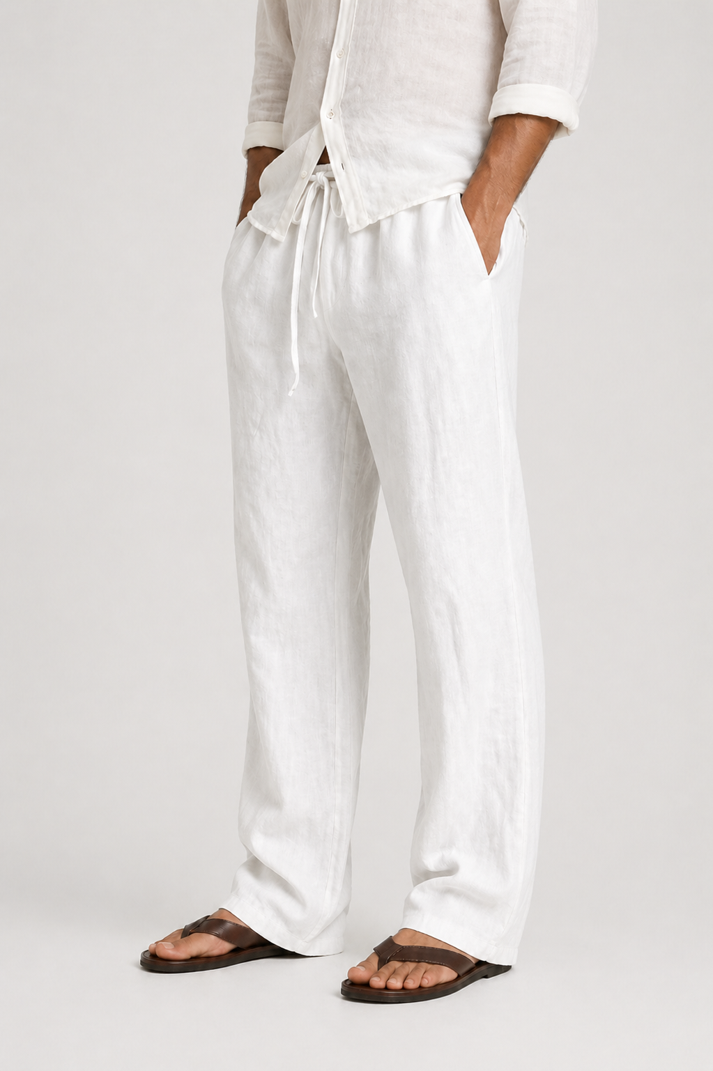 Men's linen-look trousers with drawstring waist, comfort fit for summer