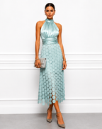 Halter midi dress with satin bodice and circular appliqué skirt, occasion wear