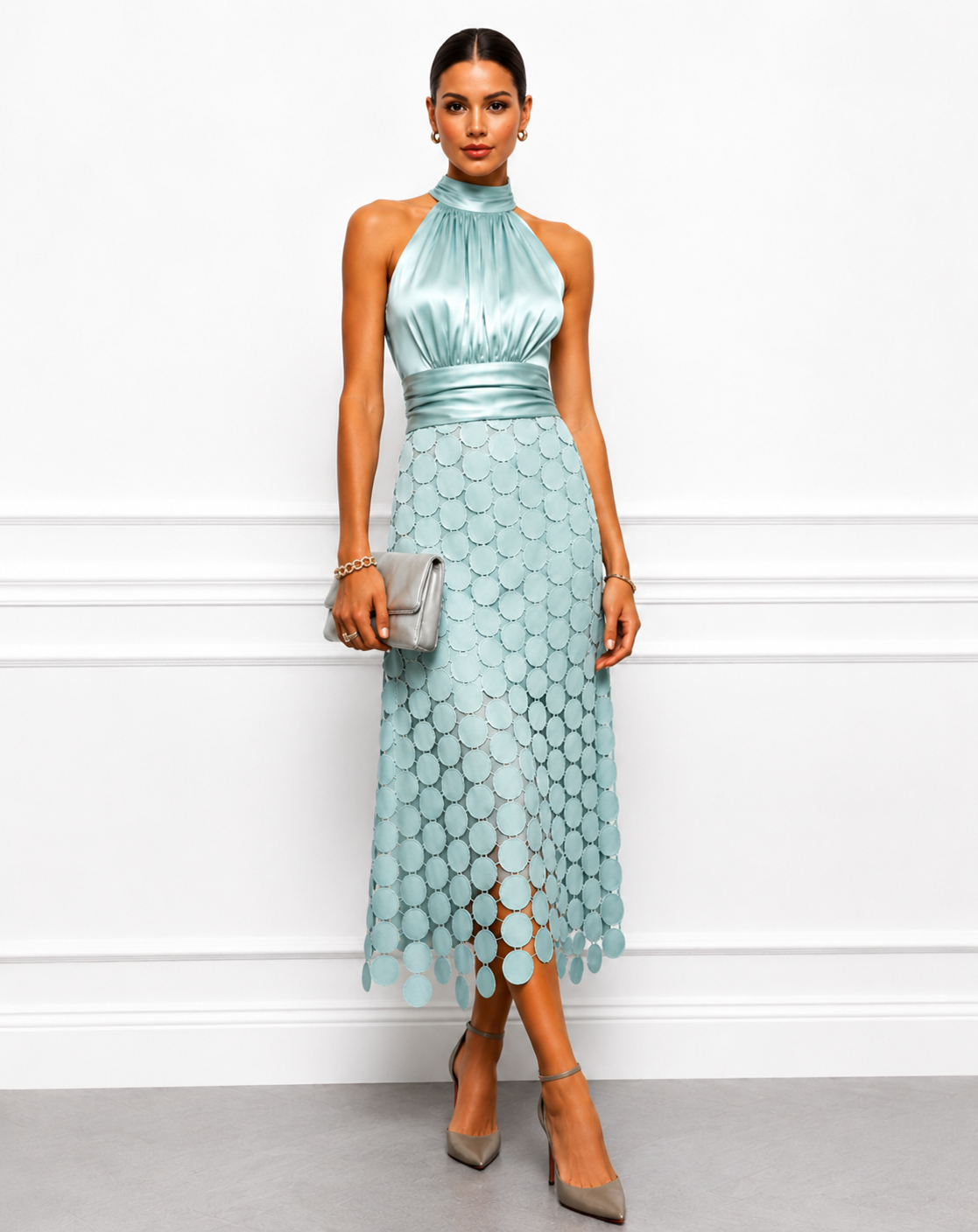 Halter midi dress with satin bodice and circular appliqué skirt, occasion wear