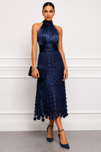 Halter midi dress with satin bodice and circular appliqué skirt, occasion wear